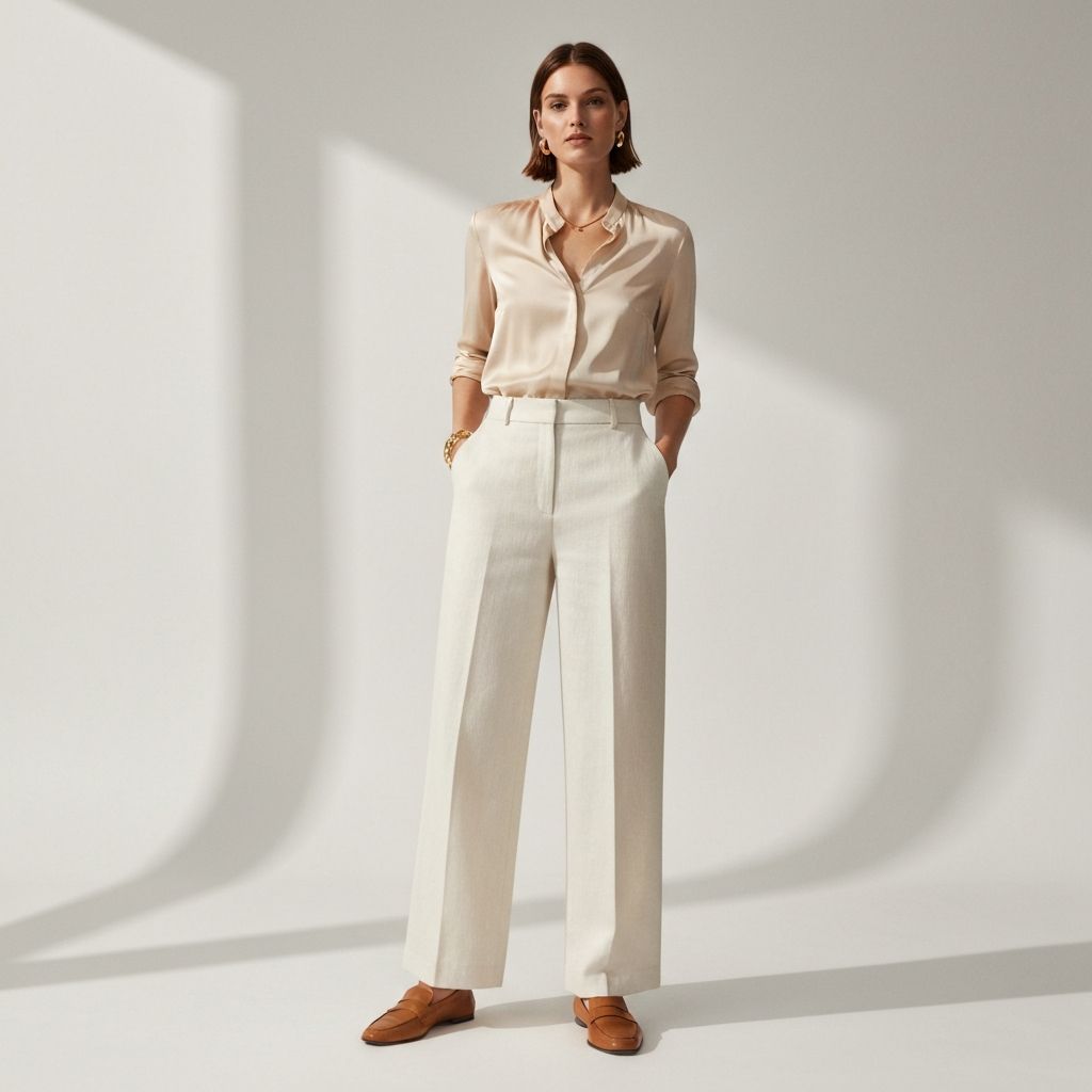 Business Casual Outfit für Damen im Sommer — leichtes Leinenoutfit mit Loafern